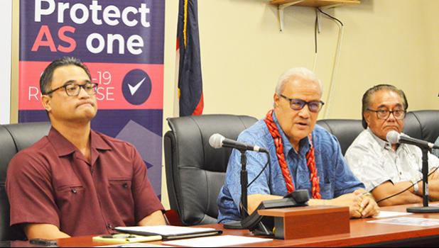 l-f: Acting Governor and Task Force Chairman, Talauega Eleasalo Ale; Paramount Chief Mauga Tasi Asuega and  LBJ CEO, Faumuina T. Faumuina.