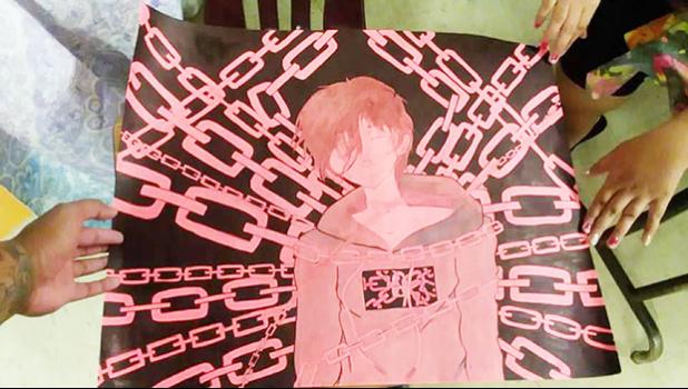 While there is no explanation or description with this artwork — interpretation of one viewer saw the hot pink color of a child’s danger, chain… chain… chain of fools … binding ourselves from without and within