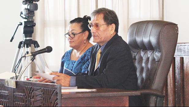 Senate Budget and Appropriations Committee chairman, Sen. Magalei Logovi’i (left) with Senate legal counsel, Mitzie Jessop-Ta’ase during yesterday’s committee discussion on two revenue bills from the governor.  [photo: FS]