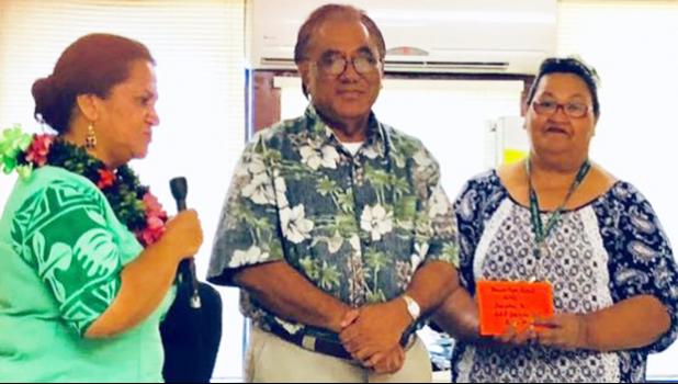 ducation Department director Dr. Ruth Matagi-Tofiga (far left), on behalf of the National Honor Society of Manua High School, presenting a $1,000 donation to hospital CEO, Faumuina John Faumuina (middle) and Dialysis nursing director Olita Tafiti