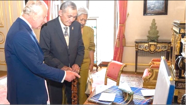 Kiingi Tūheitia and King Charles III met at The White Drawing Room at Buckingham Palace before Charles' coronation last year. [photo: RNZ) Kiingi Tūheitia and King Charles III