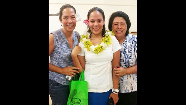 Karlinna Sanchez of Samoana High School was one of only two students from a public high school to place in the Top Three (Grade 11 Division) during the Territorial Math Competition last week. She is pictured with mom Chrissy and grandma Etenauga. [photo: Blue Chen-Fruean]