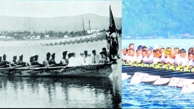 An old fautasi circa 1903, and a local new hi-tech fautasi built for speed — racing only. The former was built for war, cargo, passengers and racing. [Photos: American Samoa’s Historic Preservation Office archives, and Samoa News files] 