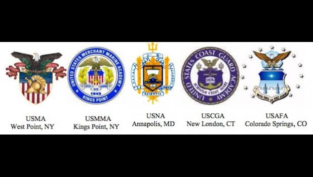 This year, the U.S. Air Force Academy has the most nominees with ten applicants, and the U.S. Military Academy (Army) has five nominees. Currently, American Samoa has no available vacancies at the U.S. Naval Academy, so there were no nominations there due to that limit. No students had applications on file at the U.S. Merchant Marine Academy this time. branches of military insignia