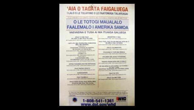 The Samoan language version of the US Department of Labor’s minimum wage poster for the 18 different industries in American Samoa. [photo: FS]