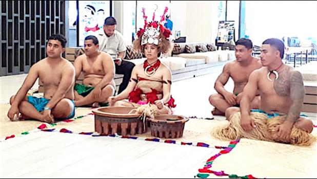 Miss American Samoa Epifania Petelo (middle) as Taupou for the traditional Ava ceremony for the opening of the Tatau Festival at the Taumeasina Island Resort on Thursday in Apia, 
