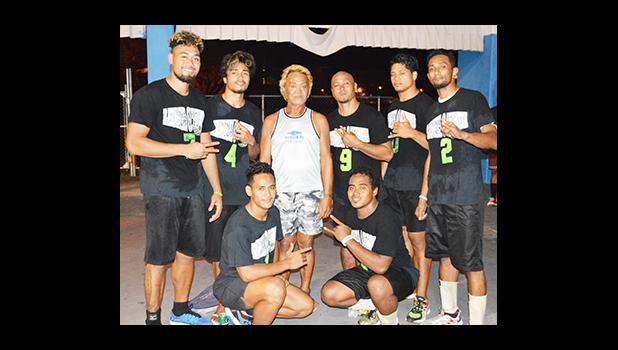 The two-time Mosooi International Volleyball Championship champion team — the Laumua o Tumua of Samoa, after defending their title again this year against local Annex Boys volleyball team. [photo by AF]