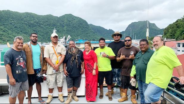 The MV Manu’atele II crew, including chief engineer, Jimi Lang (far right), and master captain Loleni Faiai (2nd from right). Also pictured is  Capt. Sasualei Moliga and Port Administration director Taimalelagi Dr. Claire Poumele