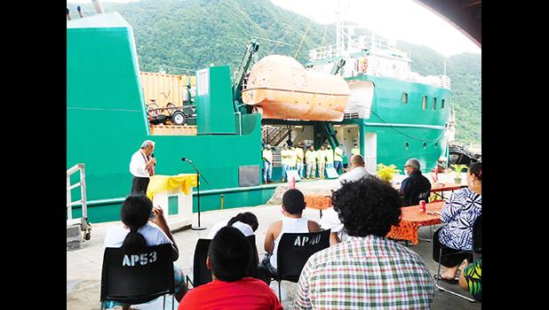 Manuatele crew looking out from the vessel during Sunday's welcome ceremony