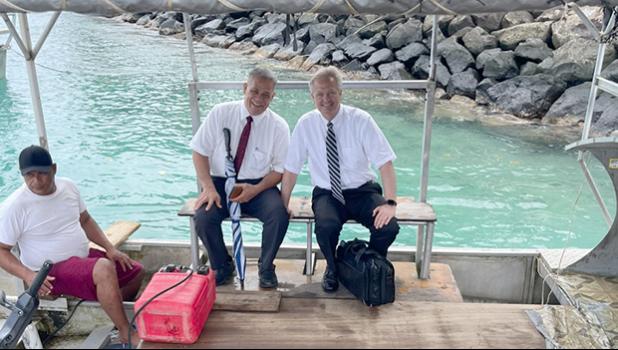 Church Elder K. Brett Nattress (right), from the Pacific Area Presidency, and Church President Sonny Aiono