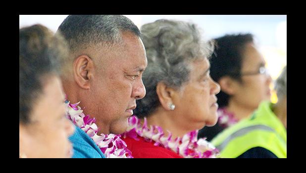 Lt. Governor Lemanu Peleti Mauga (c) and First Lady Cynthia Moliga during the Rotary Club of Pago Pago and Hawaiian Airlines Tsunami Memorial Service this past Saturday morning. [photo: TG]