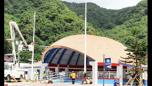 The refurbished Fagatogo Pavilion with the new flag poles in front.