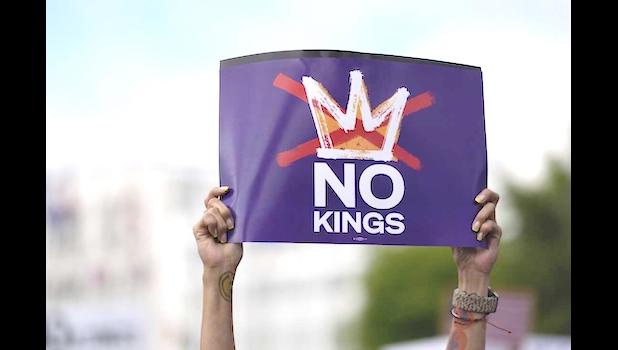 The public is encouraged to participate, bring signs, and stand together in support of democracy and the rights of the people. No Kings sign