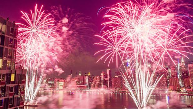 Fireworks over New York skyline 