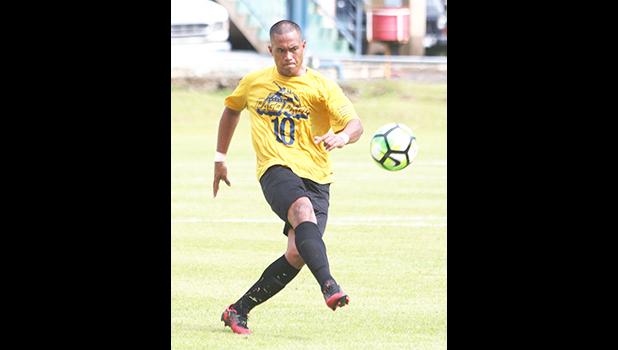 Team captain for the Pago Youth Soccer Team, Ryan Samuelu – clearing out the ball during the second half of their OFC Champions League Qualifier as they tied Veitongo FC 1 - 1 in their first match up of the competition. [photo: TG]