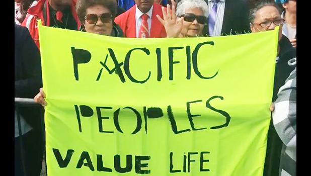  A banner at the protest against the End of Life Choice Bill.