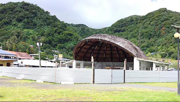 The Fagatogo Pavilion, surrounded by a tin barricade