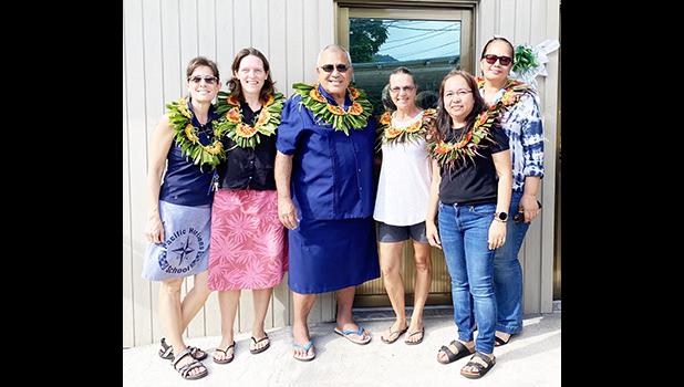 (R- L) Caroline Tuiolosega (PHS Director), Meredith Acly (PHS Board Secretary), Mapu Jamias (MJ Construction & Maintenance- center), Debbs Cox (PHS PTO President), Karen Dizon (PHS Deputy Director), Sonja Stanley (PHS Board Chair