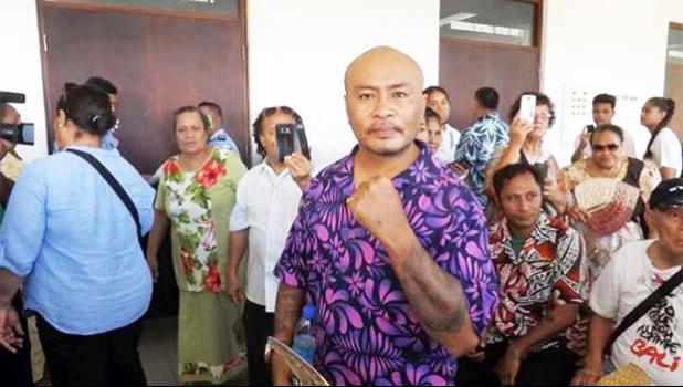 Talalelei Pauga and supporters outside court in Apia