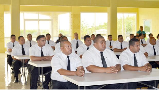Some of the 40 recruits of the 25th Police Academy, which started yesterday at the Veterans Memorial Center at Tafuna Industrial Park.  [photo: AF]