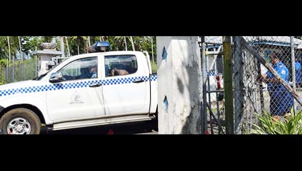 Police car at Tafaigata Prison gate. 