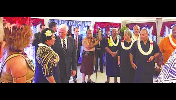 Congresswoman Aumua Amata has a word with Vice President Pense during his brief stop over in the territory.  [photo: Leafauna Tavai Yahn]