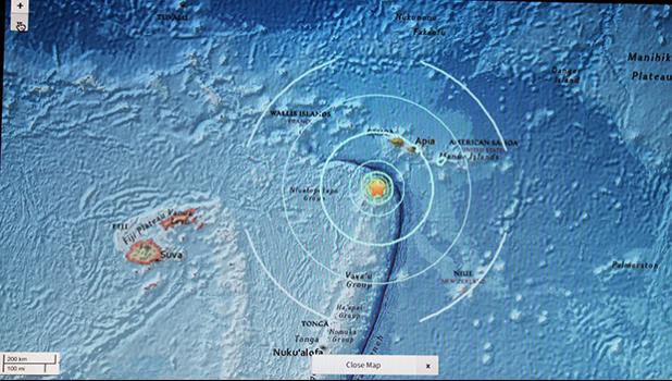 The "star" seen in this screen shot from the US Geological Survey website indicates the center of the 6.8 magnitude earthquake that occurred around 10p.m. Friday in American Samoa, Saturday night in Samoa.  [photo: FS]