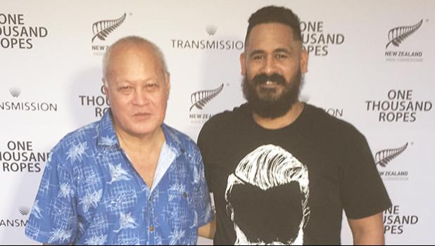 Uelese Petaia, who played the main character Maea, poses with Danny — aka barber684 of Pago Pago at the premiere of the new Samoan film, One Thousand Ropes, in Apia, Samoa.  [photo: Ese Malala]