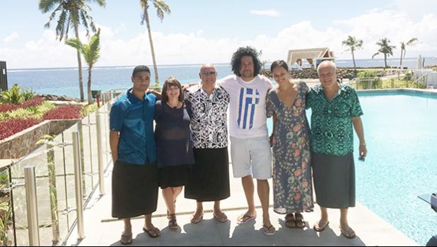 Director Tusi Tamasese and some of the cast members Uelese Petaia, Frankie Adams, Beulah Koale and producer Catherine Fitzegeralde after the press conference held at Taumeasina Resor, last Thursday, with the media.  [photo: Ese Malala]