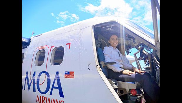 Fanaafi Sooaemalelagi, looking at the camera from inside the cockpit of the airline’s aircraft 