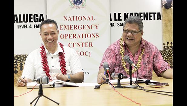 (L-R) Agafili Tomaimano Shem Leo, Interim Chairman NEOC and Director General of Health Leausa Samau Dr. Take Naseri.