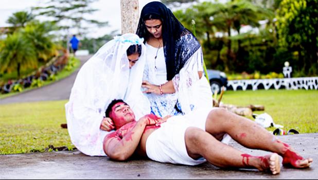 Stations of the Cross, Tanya Koronito, Francini Esera and Michael Endemann (Photo: Vaitogi A. Matafeo for Samoa Observer) Stations of the Cross