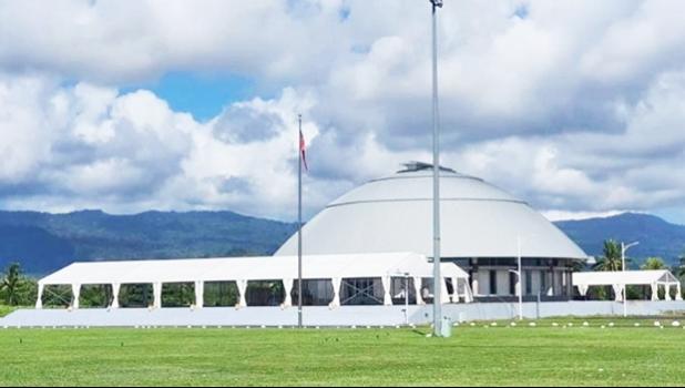 Samoa parliament building with tents 