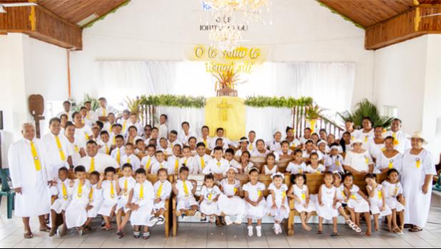 The Congregational Christian Church of Samoa (C.C.C.S.) at Faleula not only celebrated White Sunday but also dedicated their church service to all lives lost and severely affected by the COVID-19 global pandemic. [photo: Vaitogi A. Matafe / Samoa Observer) The Congregational Christian Church of Samoa (C.C.C.S.) at Faleula on White Sunday
