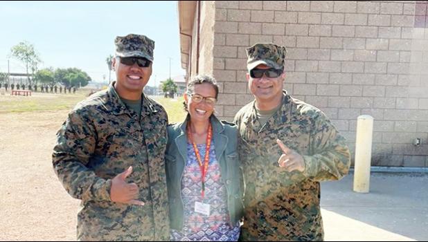 Vera Talamoa Peck with Sergeant Opele Niupulusu and Gunnery Sergeant Oteta Sosoli