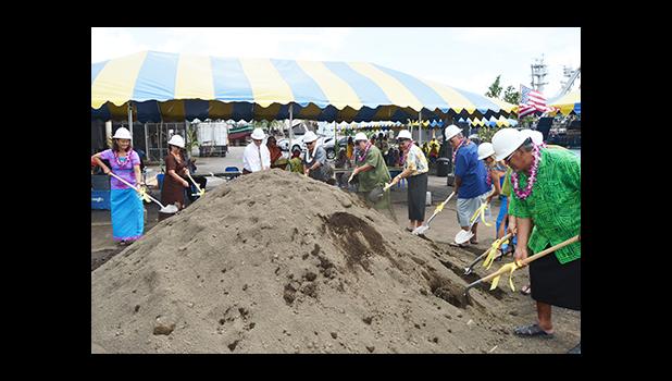 Gov. Lolo Matalasi Moliga (fourth from left) was joined yesterday by local leaders in breaking ground for the shipyard’s $1 million project, which includes the construction of a two-story building at the shipyard’s site in Satala. Making land available for a StarKist cannery freezer is also cited by the Shipyard Authority as one of the reasons for the new building.  [photo: AF]