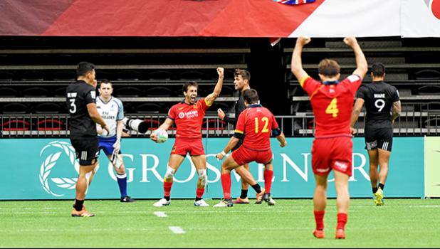 Spain’s Pol Pla celebrates his try 