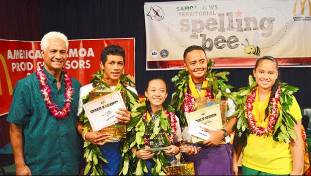McDonald’s American Samoa vice president of Marketing and Public Relations, Larry Sanitoa (far left), pictured with students who took first, second and third place —there were two who placed third — following yesterday’s Samoa News 2017 Territorial Spelling Bee competition at the KVZK-TV studio. [photo: AF]
