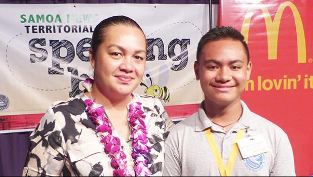 2019 Samoa News Spelling Bee winner, MaoZache Taufete'e with McDonald's American Samoa official, Carol Tautolo Samuelu