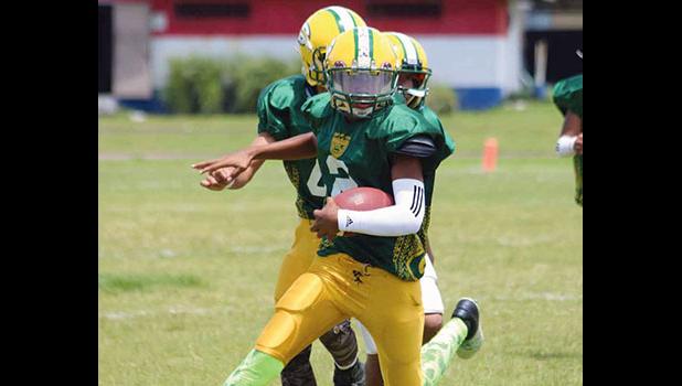 Ricky Tusitala Sipa storming towards the end zone for the AYFS Packers first touchdown of the game in the third quarter of their playoff match against the Panthers. The Packers won 20 - 0. [photo: TG]