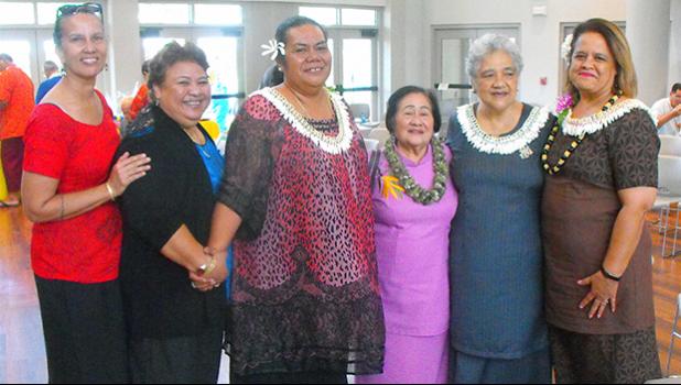 ASCC Samoan Studies Institute Director Okenaisa Fauolo-Manila (third left) receives congratulations from ASCC president Dr. Rosevonne Pato, First Lady Cynthia Malala Moliga, and other dignitaries