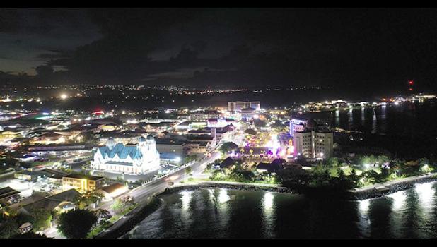 Aerial view of Downtown Apia at night