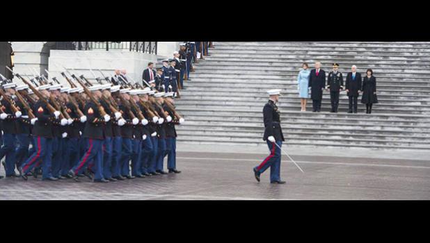 The ceremonial marchers of Alpha Company who were part of the presidential escort with our local Stein Mcentire, front row 3rd from the right, during the Inauguration Day this past weekend. The president, vice-president and their spouses are seen reviewing the presidential escort as they pass.  [Courtesy photo]