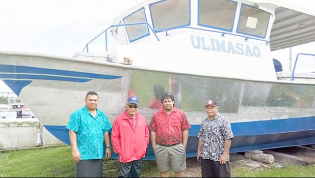 This photo, taken last month in Apia, Samoa and provided over the weekend to Samoa News by ASG Commerce Department, shows [l-r] Youth and Women’s Affairs Deputy Director Pa’u Roy Ausage, Gov. Lolo Matalasi Moliga, Samoa government fisheries official Ueta Fa’asili Jr, and the Governor’s chief of staff Fiu J. Saelua in front of the “super alia” vessel named, Ulimasao, which belongs to the Samoa government Ministry of Agriculture and Fisheries.  [photo: provided DOC]
