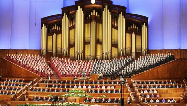 FILE - In this April 1, 2017, file photo, the Mormon Tabernacle Choir of The Church of Jesus Christ of Latter-day Saints perform in the Conference Center at the morning session of the two-day Mormon church conference in Salt Lake City. The Mormon church’s twice-a-year conference will take place this weekend amid a tumultuous political climate in the U.S. and without the participation of the religion’s 90-year-old president who is dealing with ailing health. (AP Photo/Rick Bowmer, File) FILE - In this April 1, 2017, file photo, the Mormon Tabernacle Choir of The Church of Jesus Christ of Latter-day Saints perform in the Conference Center at the morning session of the two-day Mormon church conference in Salt Lake City. The Mormon church’s twice-a-year conference will take place this weekend amid a tumultuous political climate in the U.S. and without the participation of the religion’s 90-year-old president who is dealing with ailing health. (AP Photo/Rick Bowmer, File)