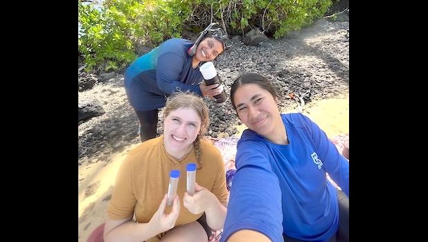 Talofa Fe’a (front right) on a microalgae sampling trip in American Samoa — with Ella Ashford (front left), a 2023 Hollings scholar, and Valentine Vaeoso (back), a staff member at National Park of American Samoa.  Ms Fe’a is a 2024 EPP/MSI summer intern with the National Marine Sanctuary of American Samoa and University of Hawai'i Sea Grant. She studied the risk of ciguatera poisoning in American Samoa. Image credit: Talofa Fe’a]