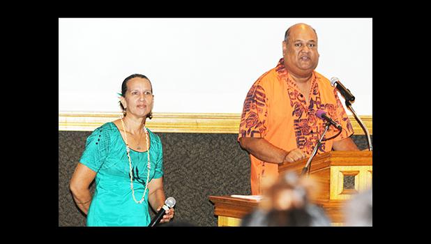 Tatau Forum conductor Poe Mageo, who is a Professor of Music in the Fine Arts Department at ASCC and Regina Meredith Fitiao, Professor of Visual Arts in the ASCC Fine Arts Department. [photo: TG]