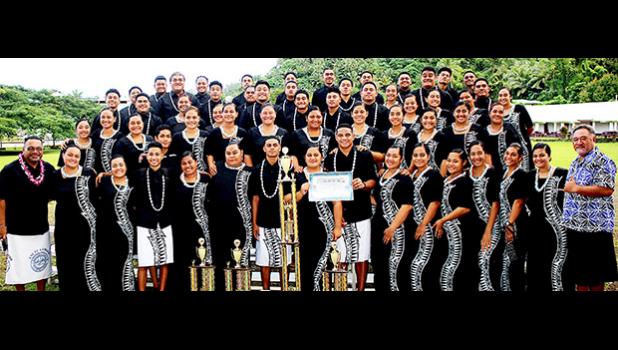 the Samoana Sharks — pictured with their choir director, Pati Pati (left) and school principal Rod Atafua (right)
