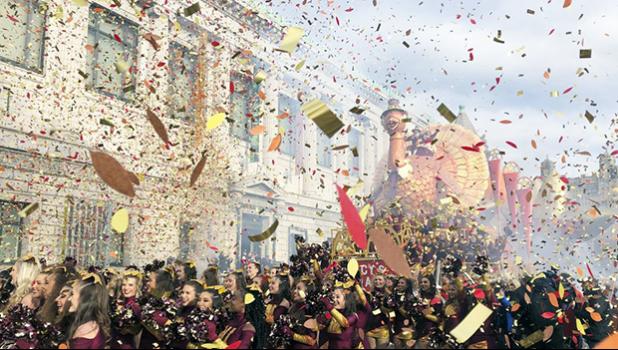 Start of the 2019 Macy's Thanksgiving Day parade with confetti flying around the turkey balloon.