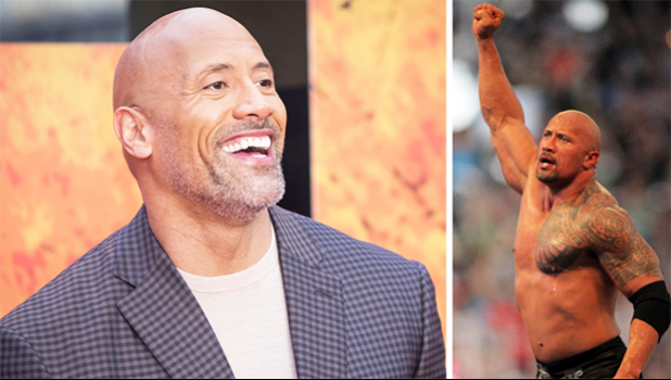 Vianney Le Caer/Invision/AP (left), Marc Serota/AP Images for WWE (right) Dwayne “The Rock” Johnson smiling with inset of his sholder tattoo